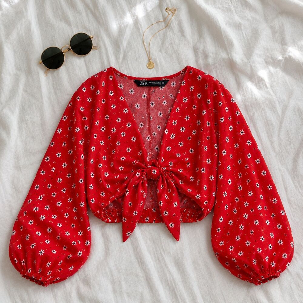 ZARA Red Daisy Floral Print Tie-Front Linen Blend Cropped Blouse - XS - Picture 5 of 12